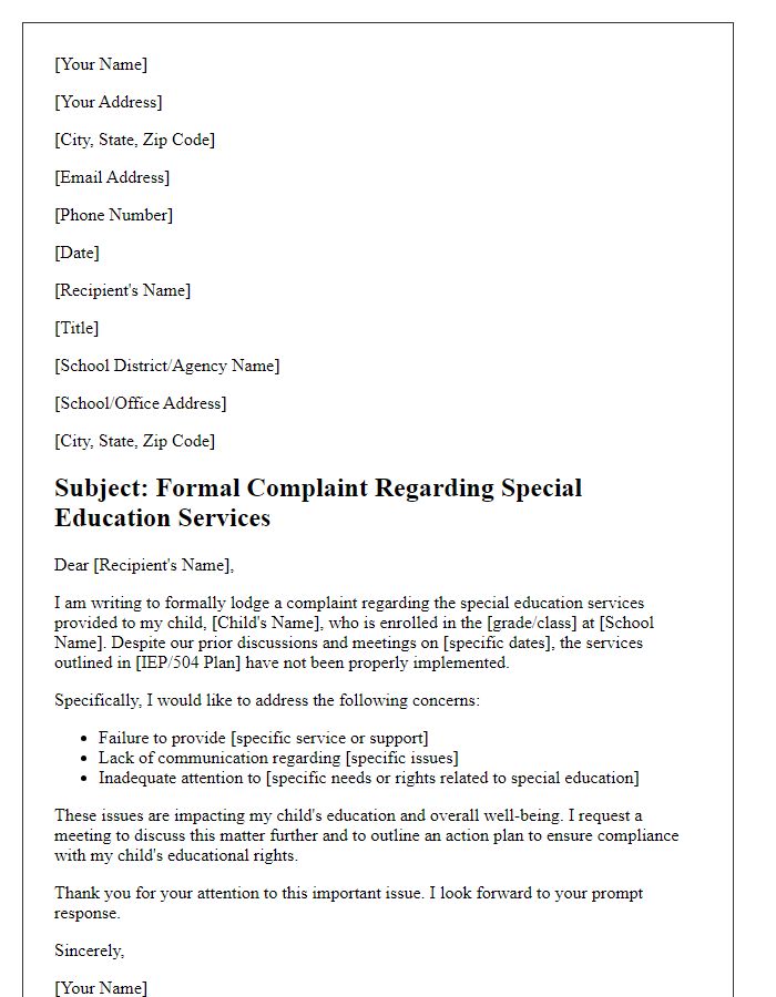 Letter template of formal complaint concerning special education services.