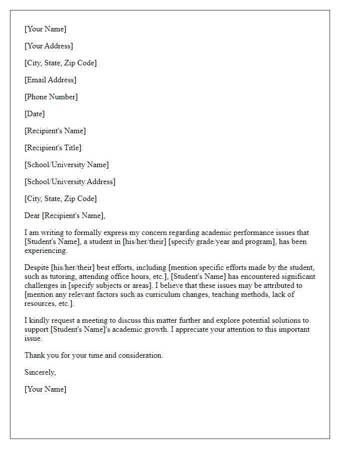 Letter template of formal complaint regarding academic performance issues.