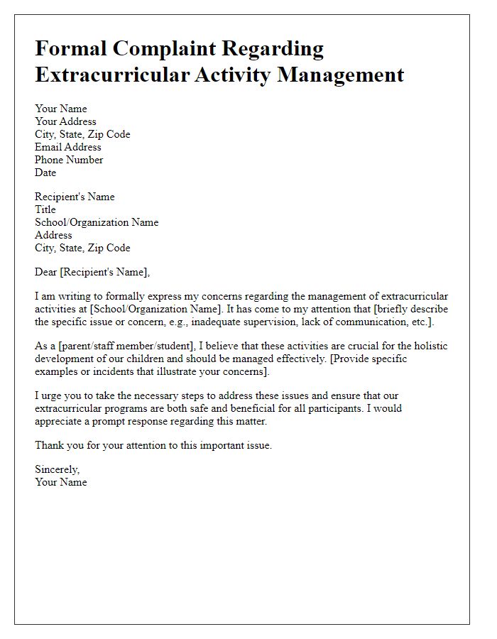 Letter template of formal complaint regarding extracurricular activity management.