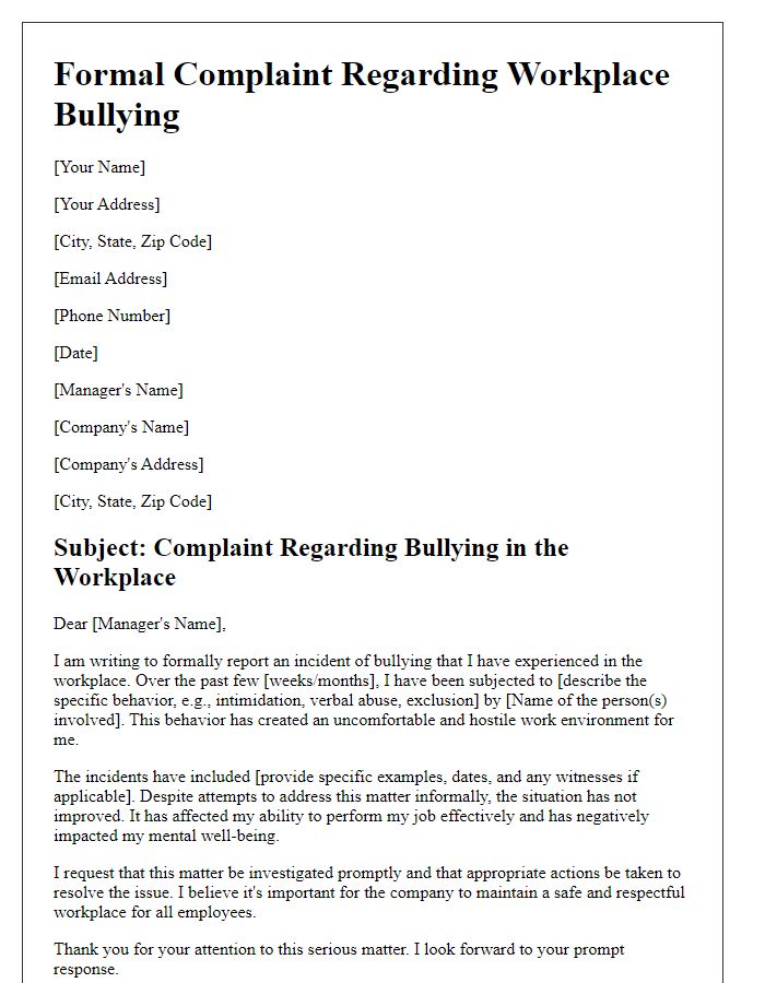 Letter template of formal complaint about bullying in the workplace