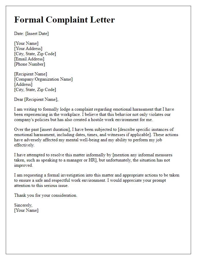 Letter template of formal complaint addressing emotional harassment