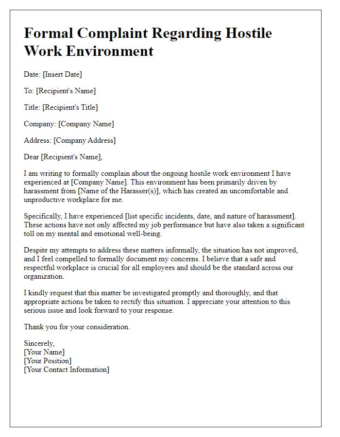 Letter template of formal complaint asserting hostile work environment due to harassment