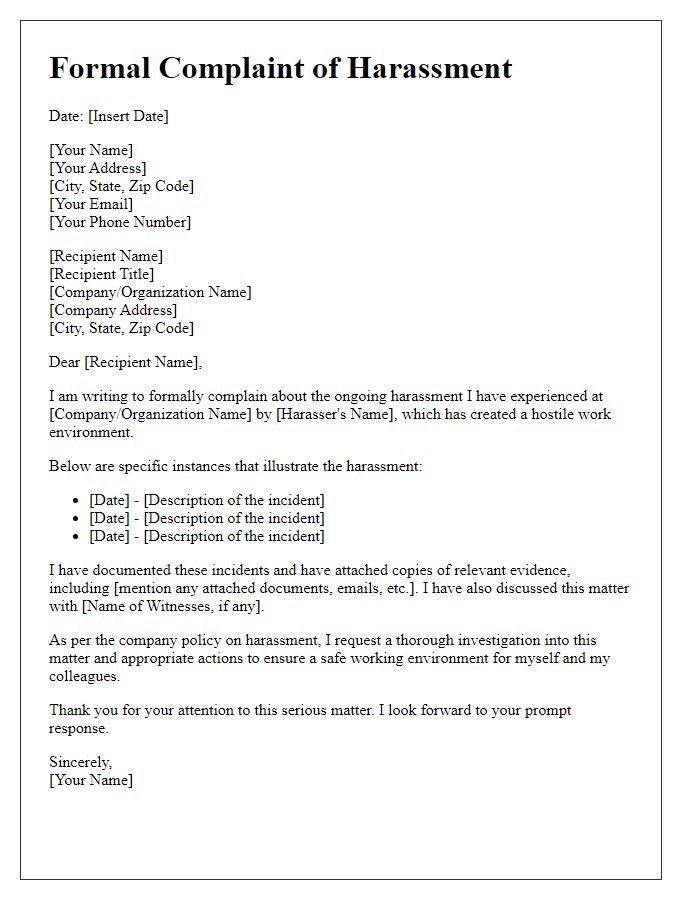 Letter template of formal complaint presenting evidence of harassment