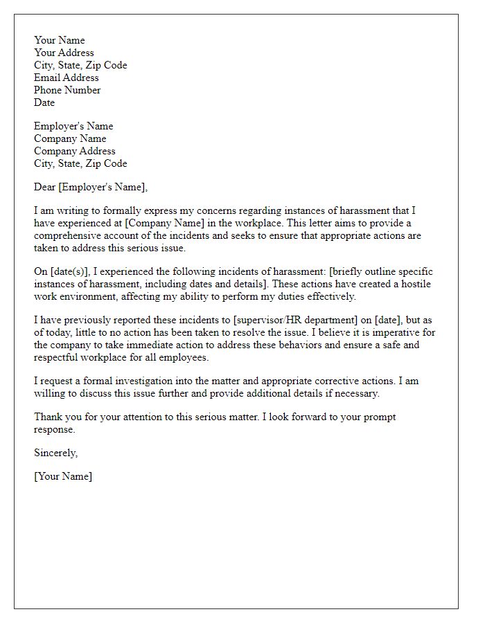 Letter template of formal complaint regarding workplace harassment