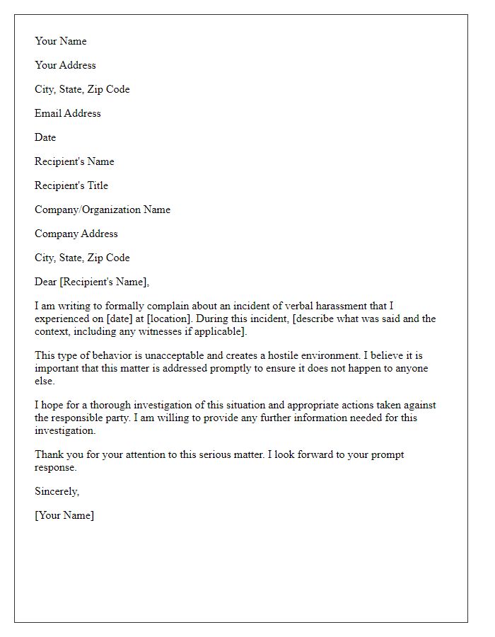 Letter template of formal complaint related to verbal harassment