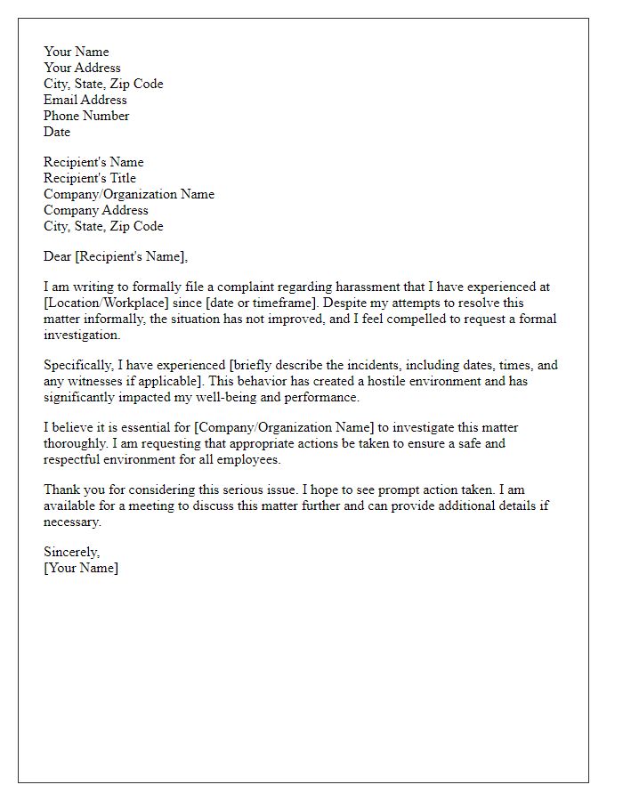 Letter template of formal complaint requesting an investigation into harassment