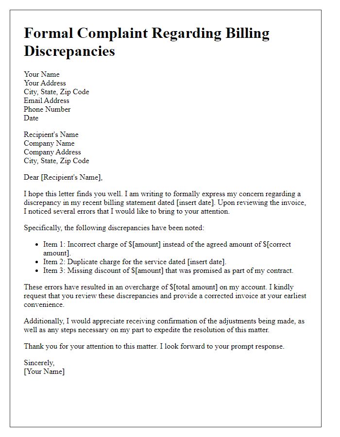 Letter template of formal complaint about erroneous billing discrepancies.