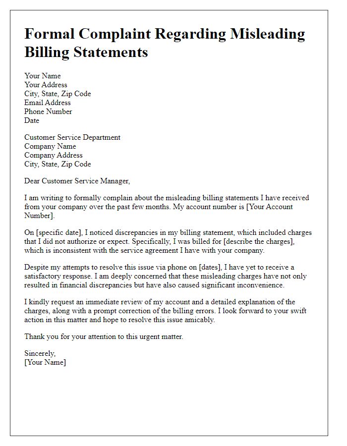 Letter template of formal complaint about misleading billing statements.