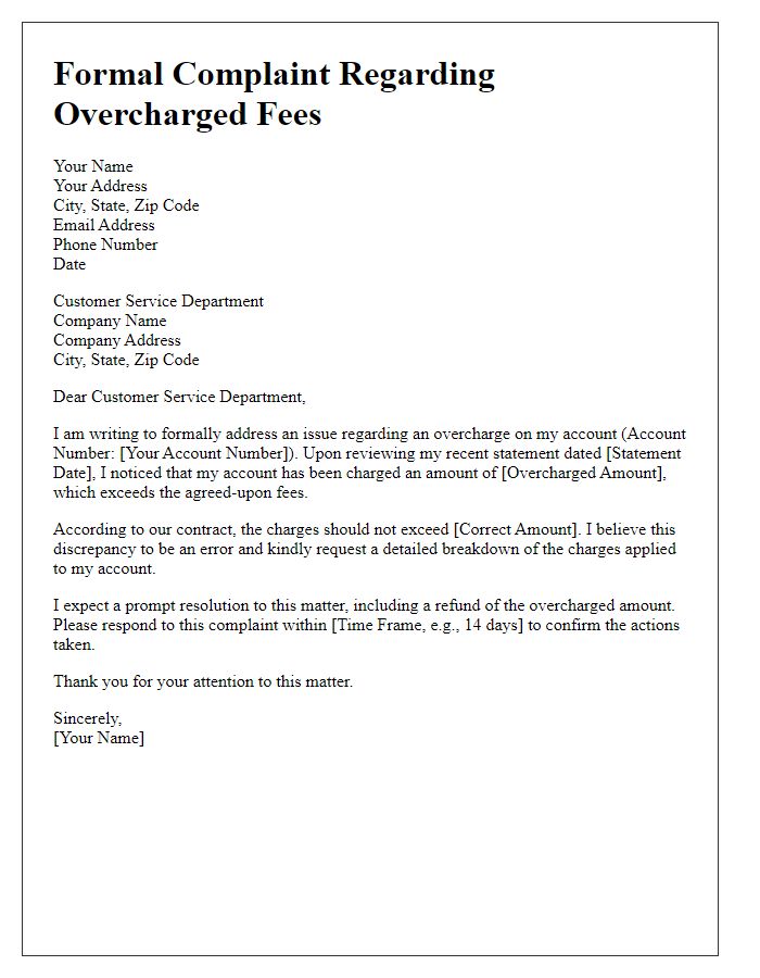 Letter template of formal complaint for overcharged fees on account.