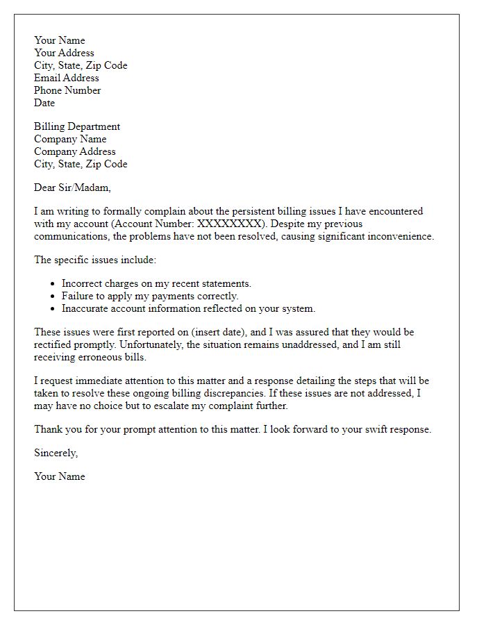 Letter template of formal complaint regarding persistent billing issues.