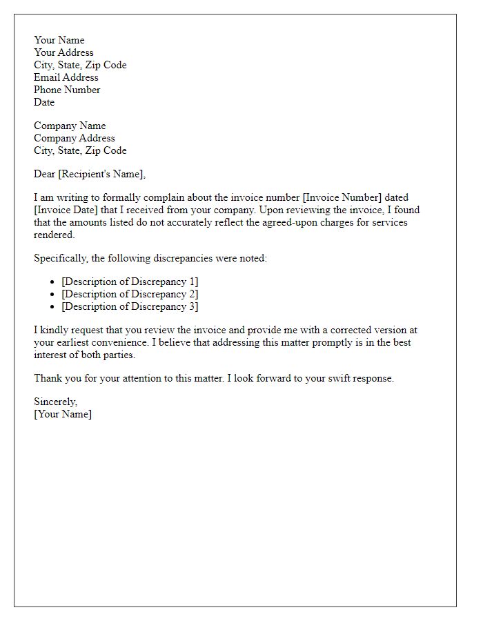 Letter template of formal complaint related to inaccurate invoice amounts.