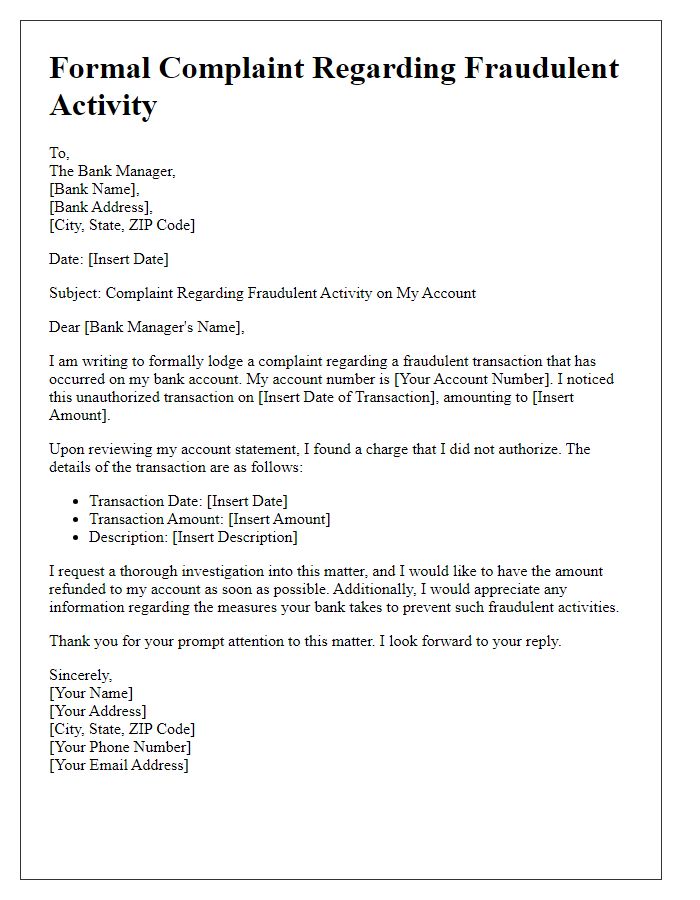 Letter template of formal complaint about fraudulent activity to bank manager