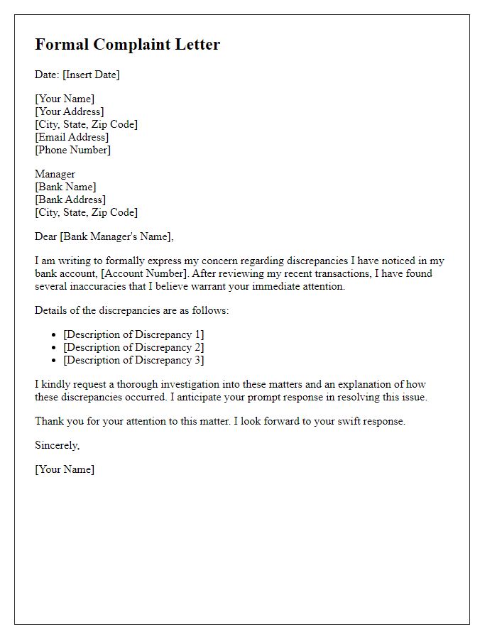 Letter template of formal complaint for account discrepancies to bank manager