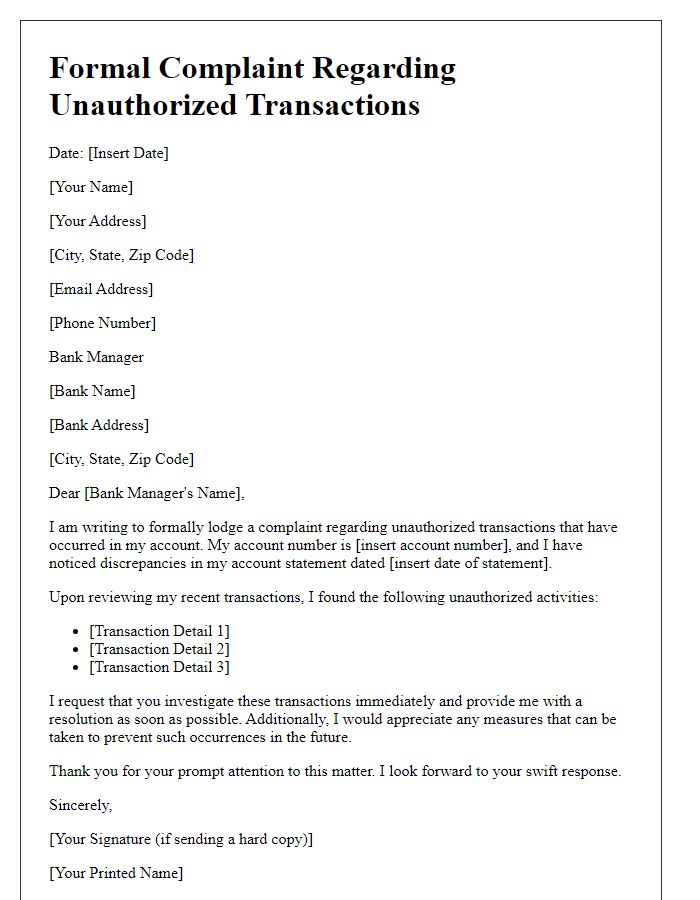 Letter template of formal complaint regarding unauthorized transactions to bank manager