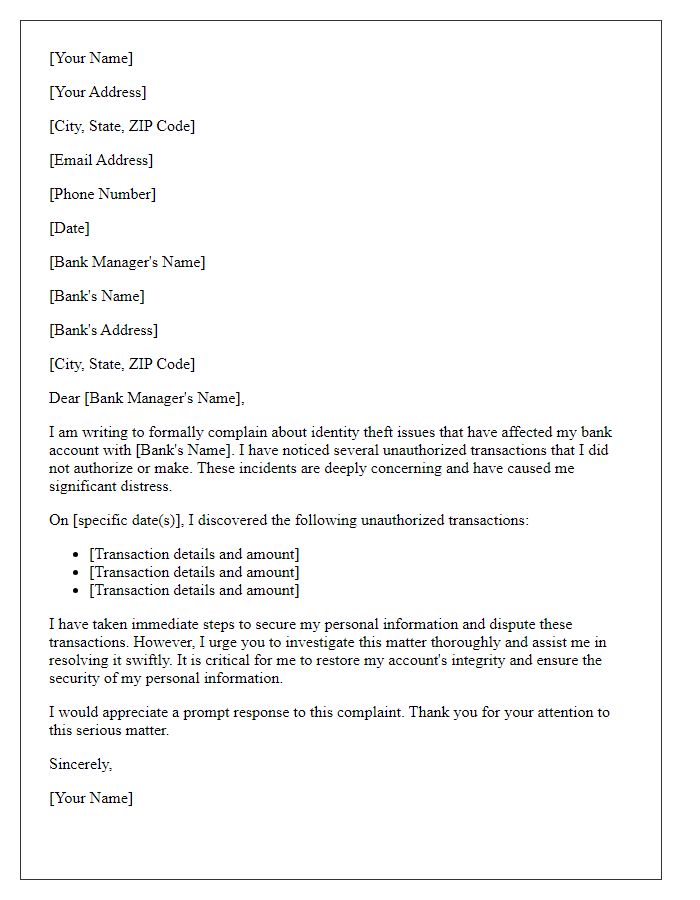 Letter template of formal complaint related to identity theft issues to bank manager