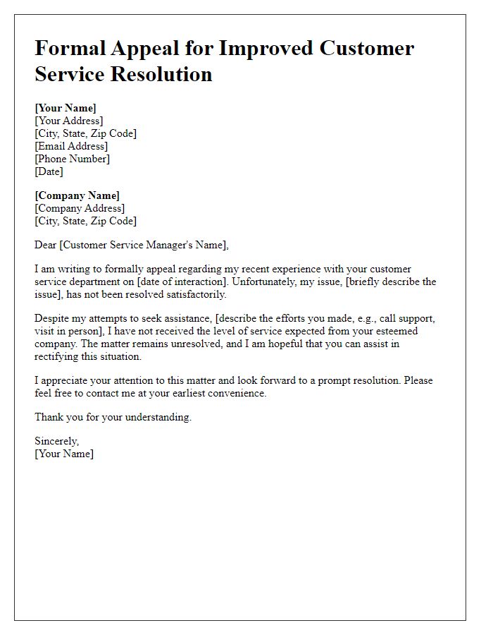 Letter template of formal appeal for better customer service resolution