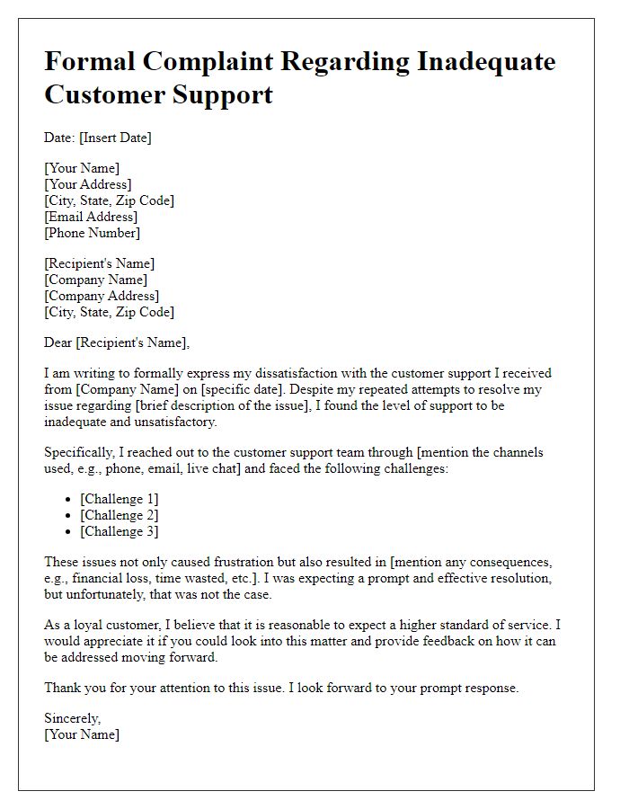 Letter template of formal complaint regarding inadequate customer support