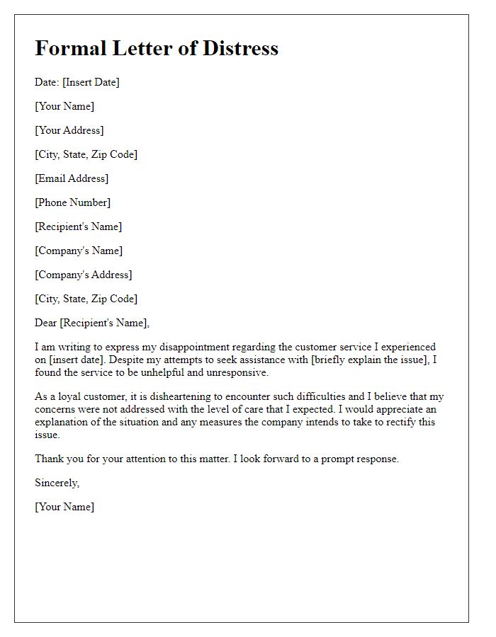 Letter template of formal distress regarding unhelpful customer service