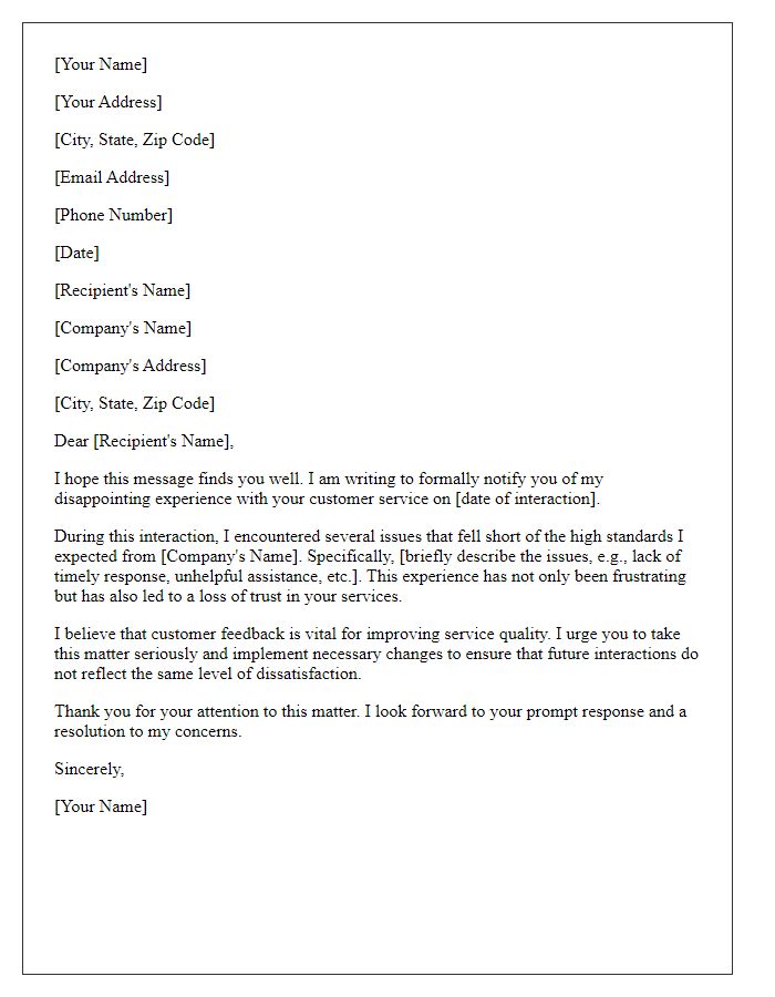 Letter template of formal notification about disappointing service interaction