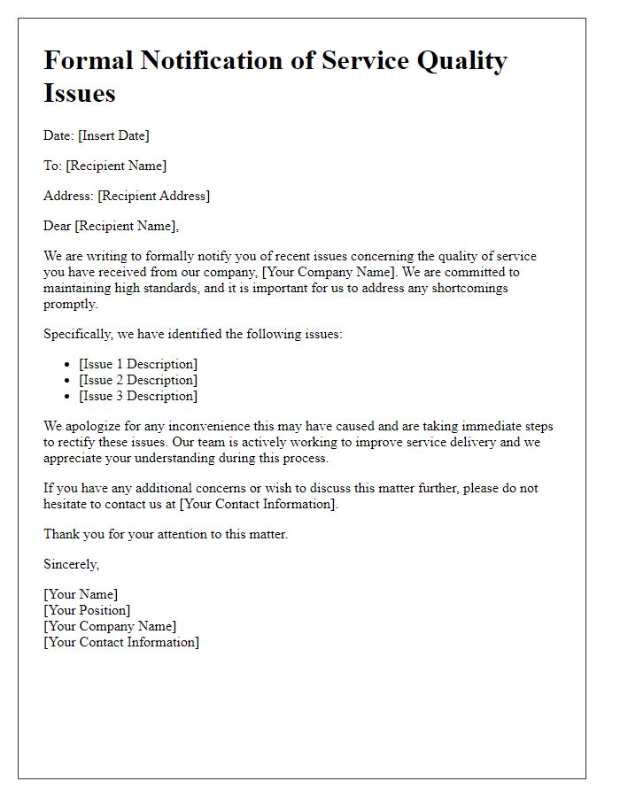 Letter template of formal notification of service quality issues
