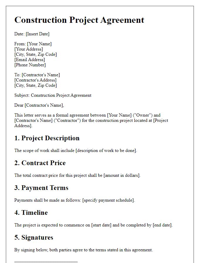 Letter template of construction project agreement