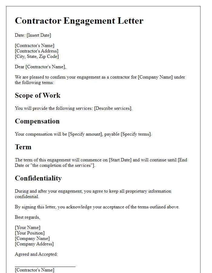 Letter template of contractor engagement letter