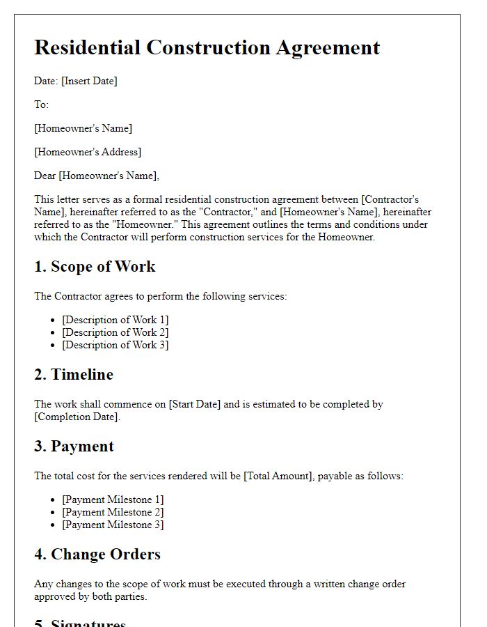 Letter template of residential construction agreement