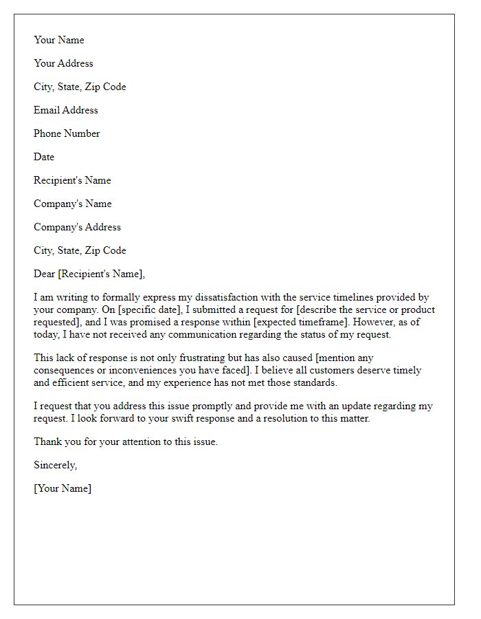 Letter template of formal complaint about unresponsive service timelines