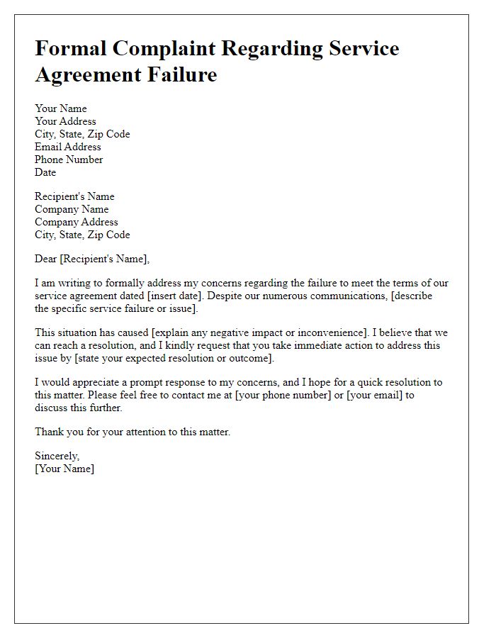 Letter template of formal complaint addressing failure to meet service agreements