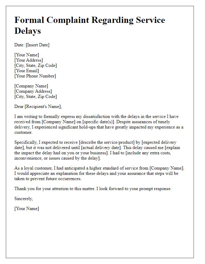 Letter template of formal complaint highlighting service delays and customer impact