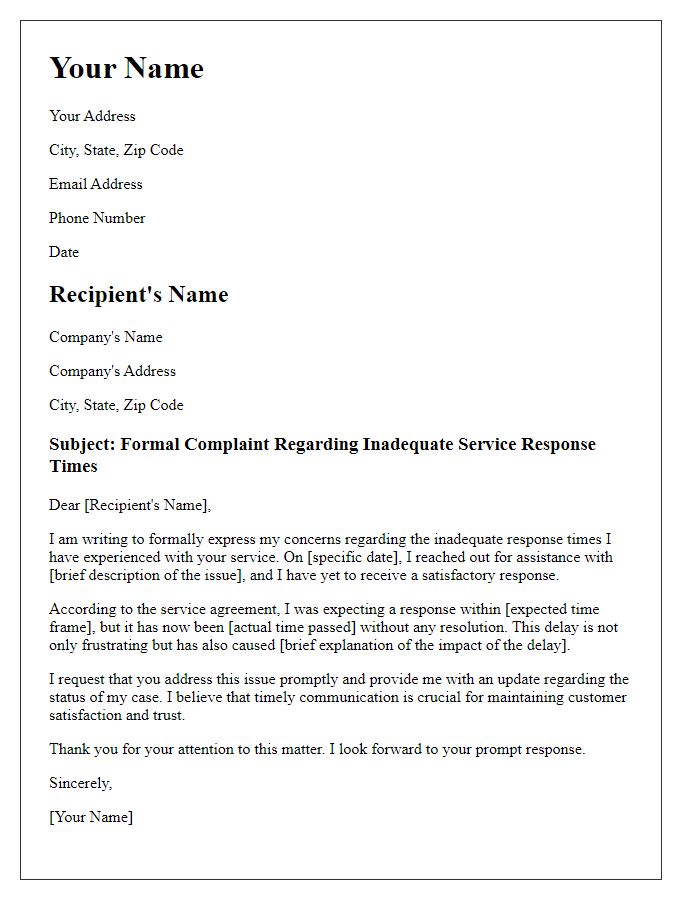 Letter template of formal complaint on inadequate service response times