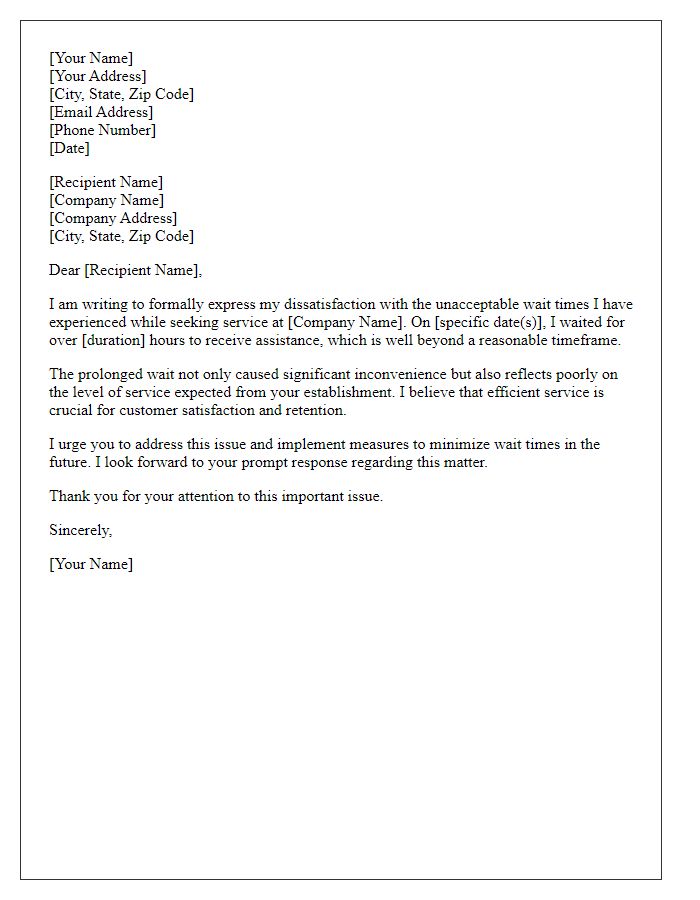 Letter template of formal complaint regarding unacceptable wait times for service