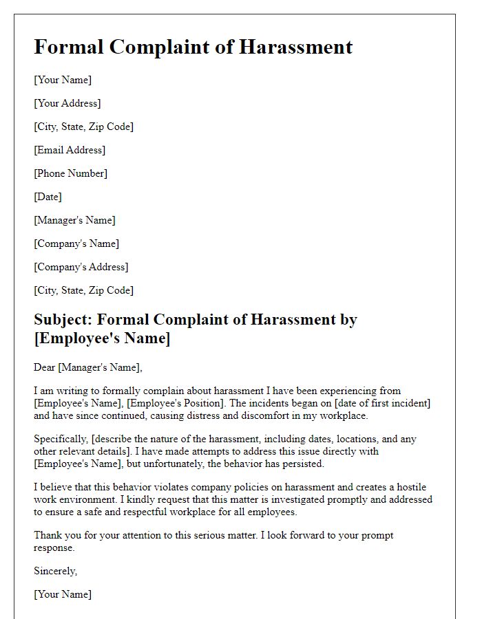 Letter template of formal complaint about harassment by an employee.