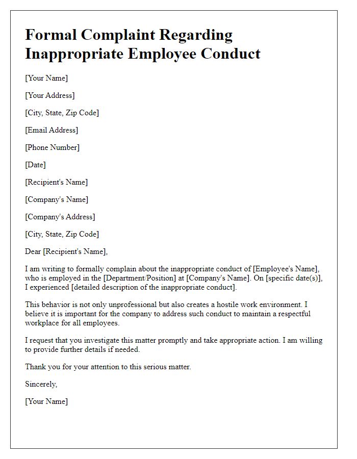 Letter template of formal complaint regarding inappropriate employee conduct.