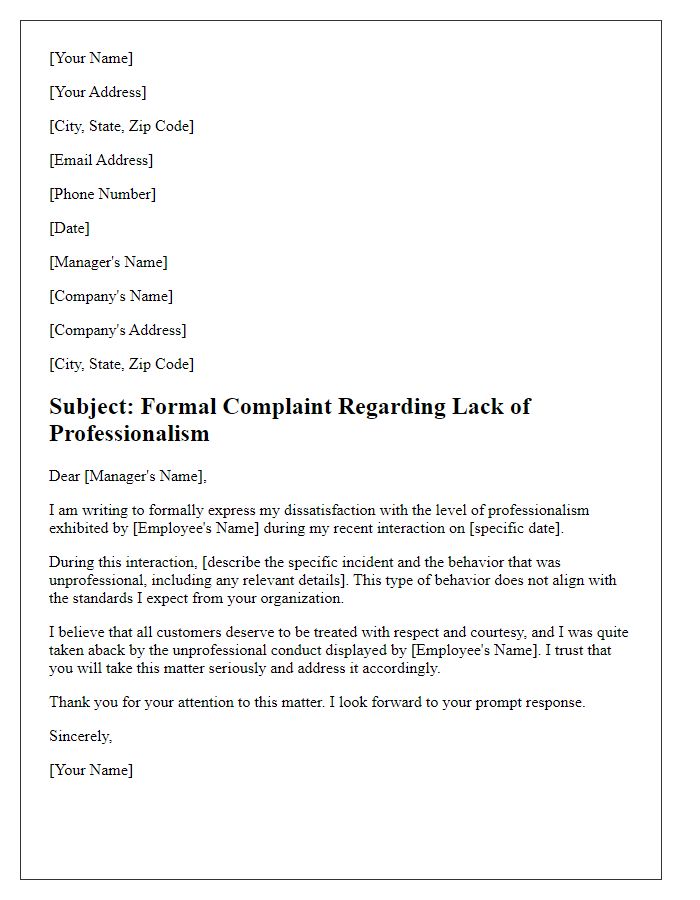 Letter template of formal complaint regarding lack of professionalism from an employee.