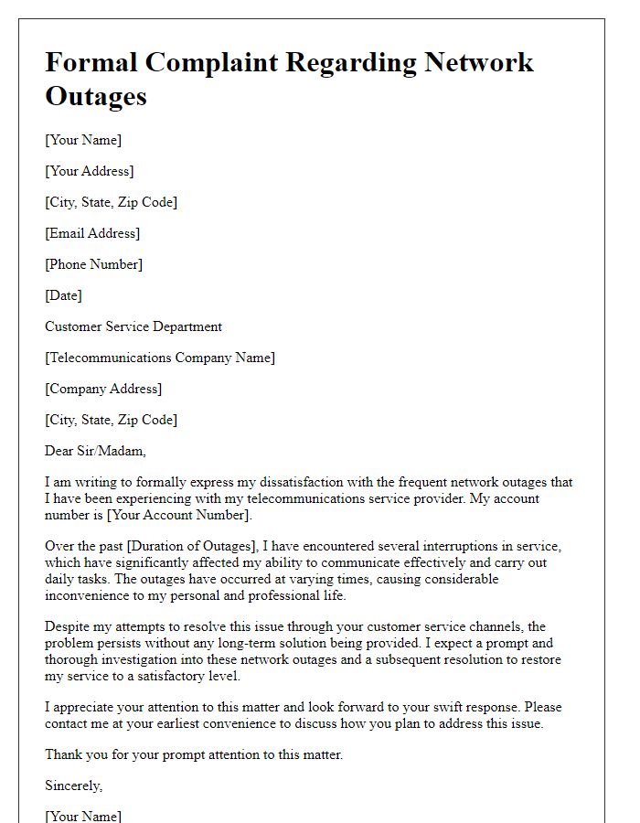 Letter template of formal complaint concerning network outages to telecommunications company.