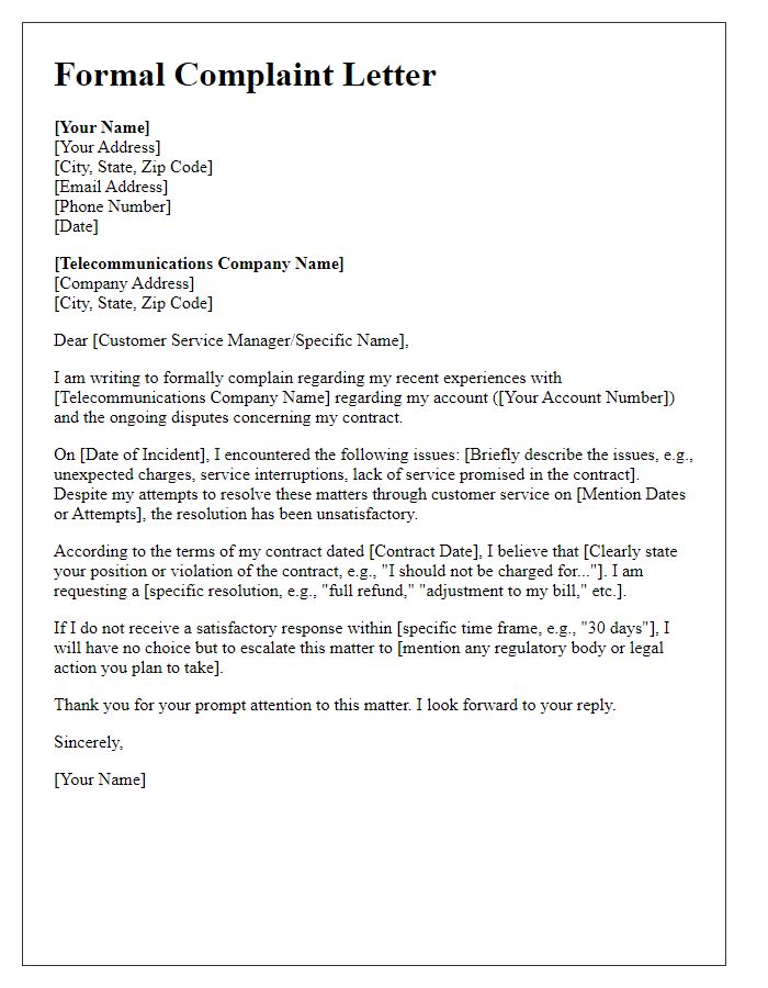 Letter template of formal complaint for contract disputes with telecommunications company.