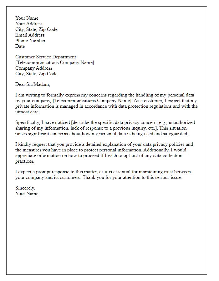 Letter template of formal complaint over data privacy concerns with telecommunications company.