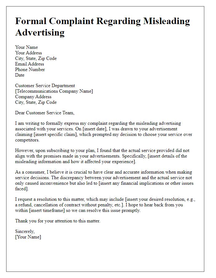 Letter template of formal complaint regarding misleading advertising by telecommunications company.