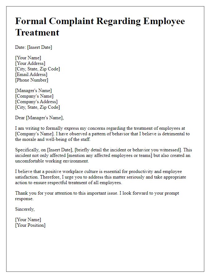 Letter template of formal complaint about employee treatment.