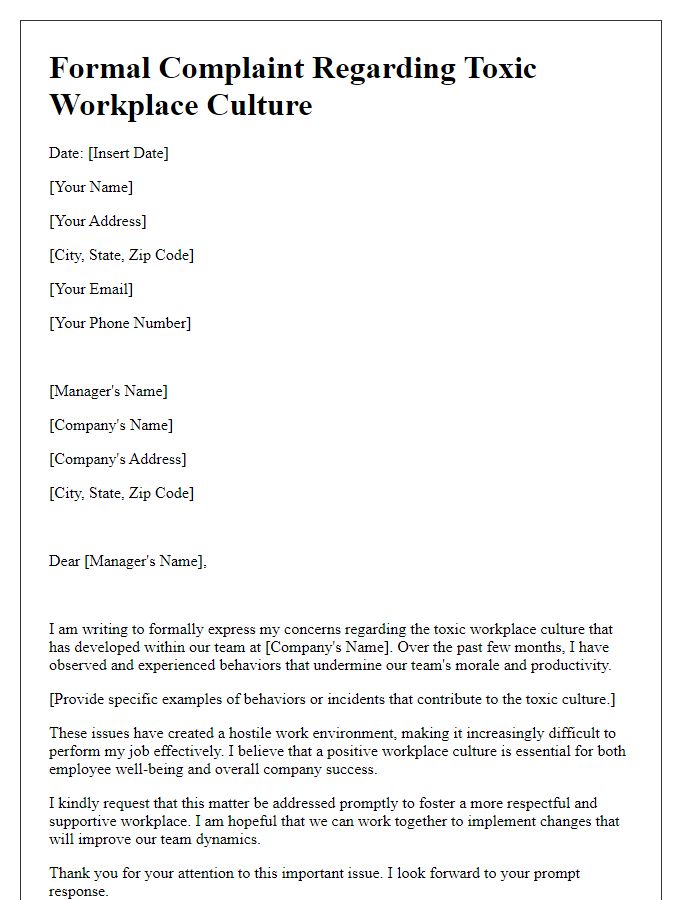 Letter template of formal complaint about toxic workplace culture.