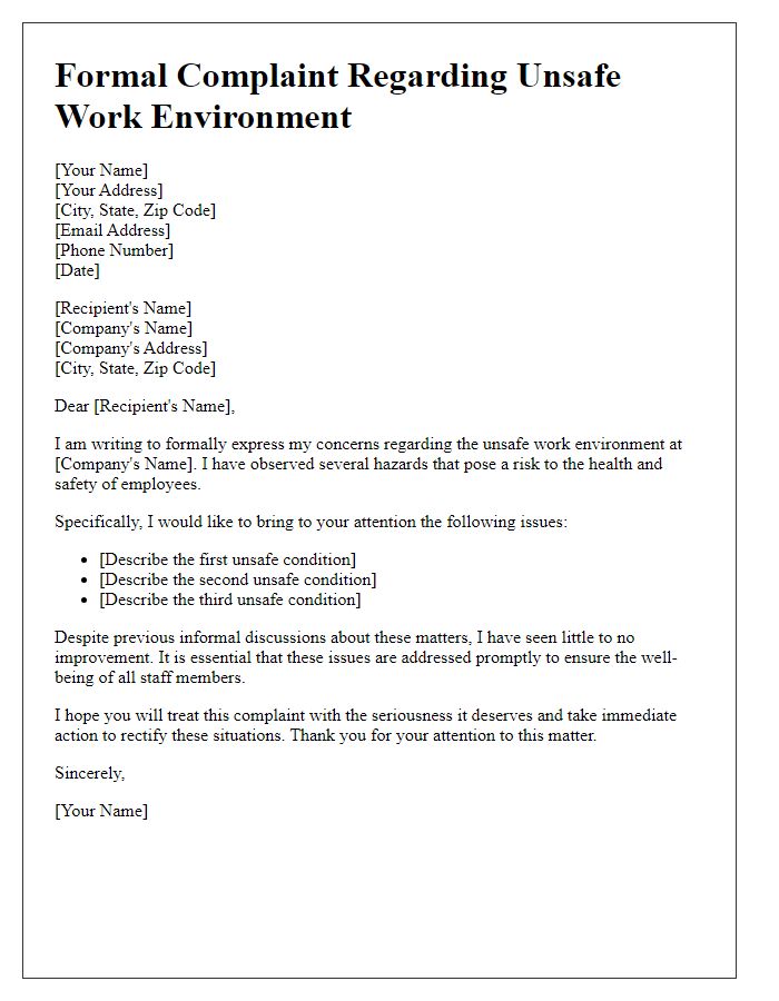 Letter template of formal complaint about unsafe work environment.