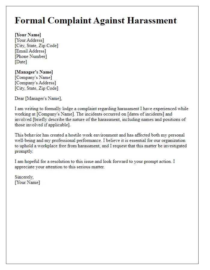 Letter template of formal complaint concerning harassment at work.