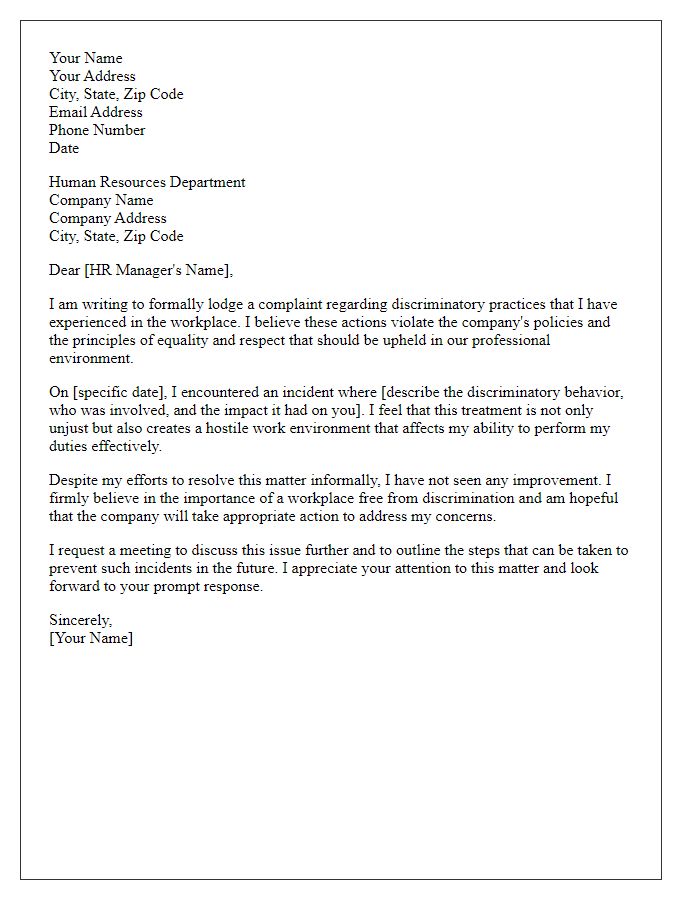 Letter template of formal complaint regarding discrimination in the workplace.