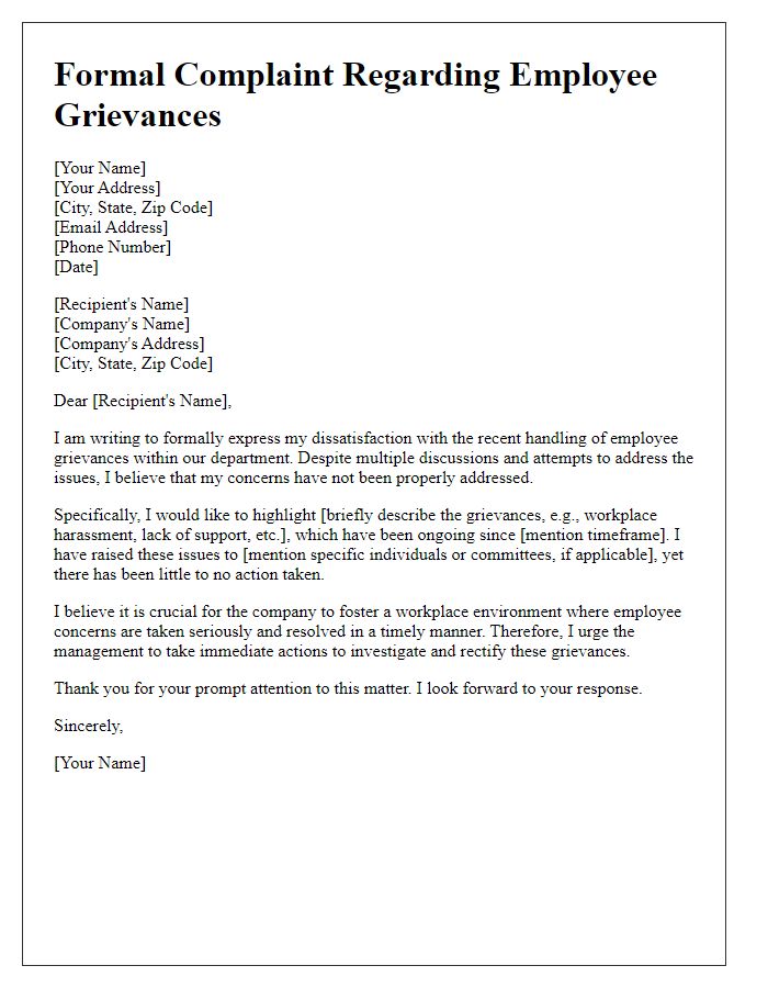 Letter template of formal complaint regarding failure to address employee grievances.