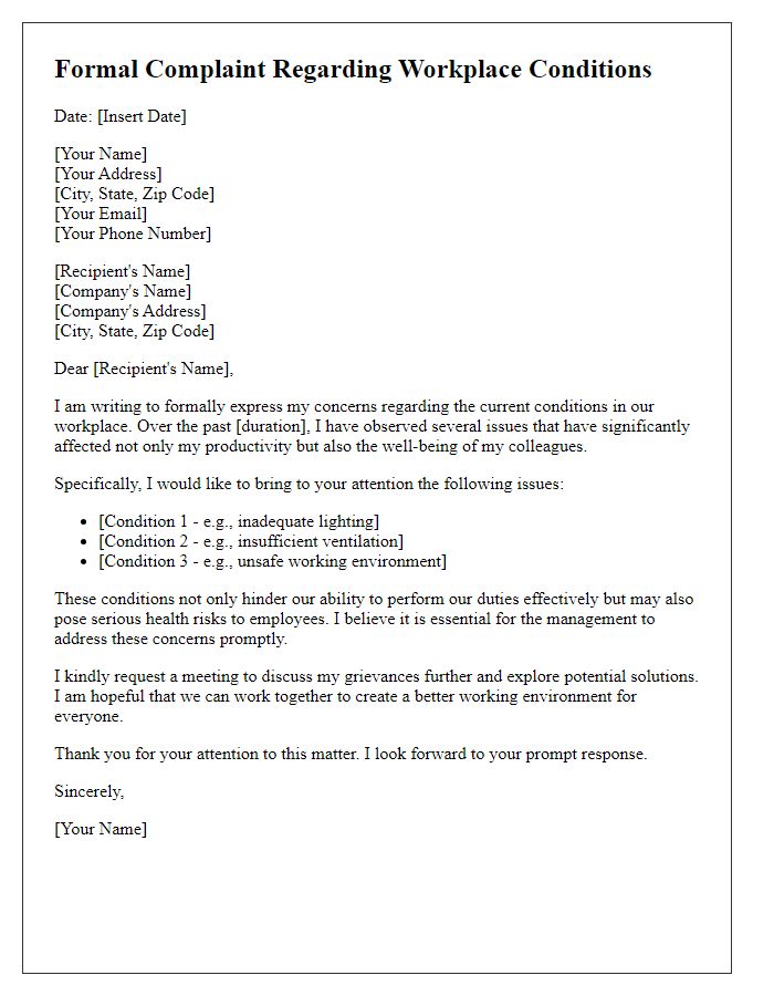 Letter template of formal complaint regarding workplace conditions.