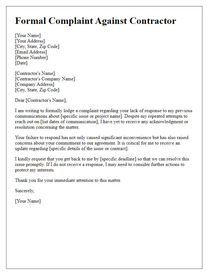 Letter template of formal complaint against contractor for failure to respond