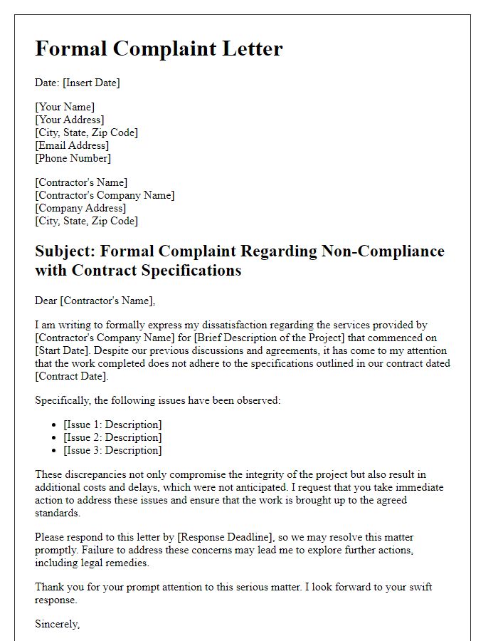 Letter template of formal complaint against contractor for not meeting specifications