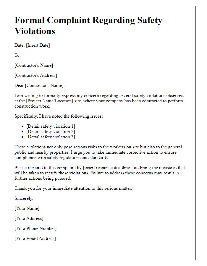 Letter template of formal complaint against contractor for safety violations