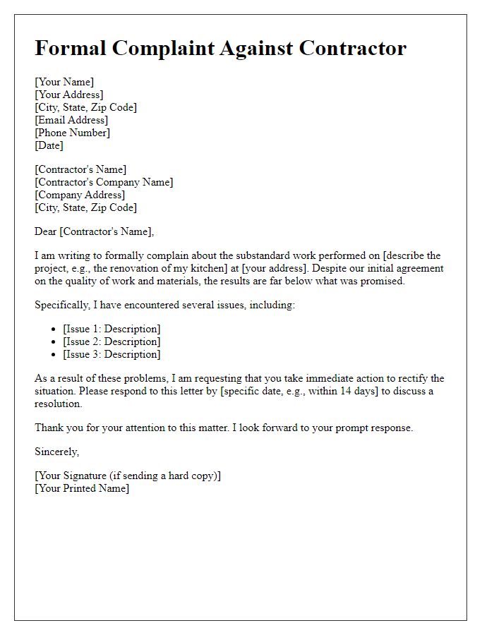 Letter template of formal complaint against contractor for substandard work